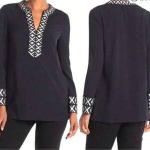 NWT Tory Burch Navy Blue Ariana Tunic Top Embroidered Trim V Neck size 2